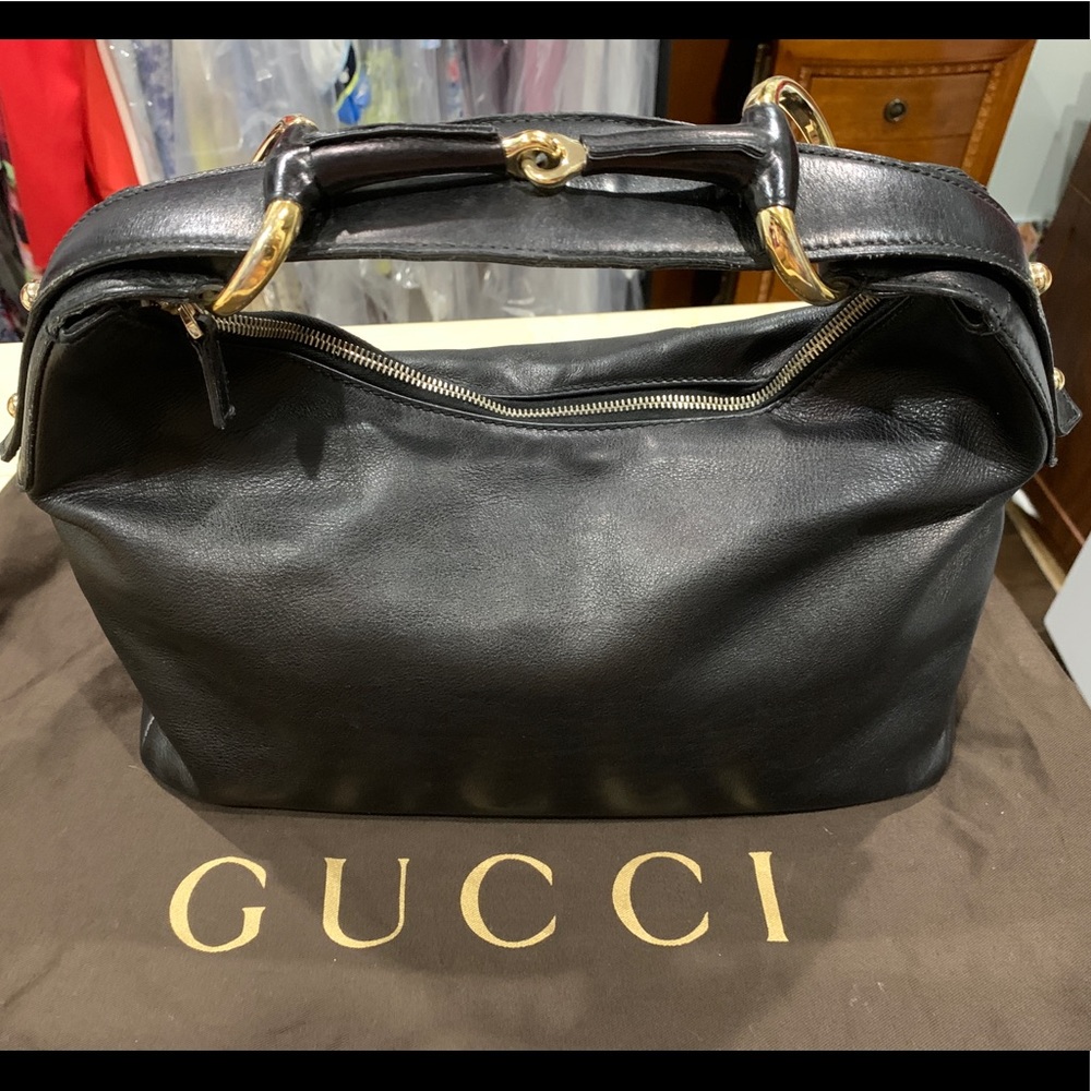 Gucci Black Leather Horsebit Hobo Bag Authentic